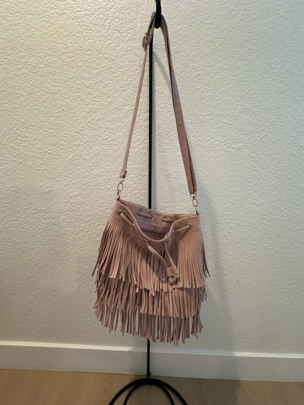 Blush Pink Two-Tier Fringe Bucket Bag Crossbody Drawstring Gold Hardware